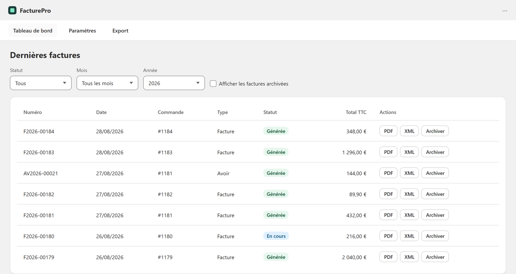 FacturePro dashboard: list of generated invoices
